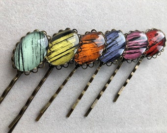Antique bronze hair slide with illustrated brushstroke design detail — blue, green, orange, pink, purple, red or yellow glass stone