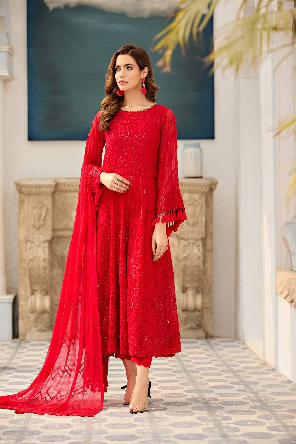 red chiffon suit