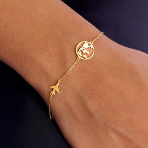 Bracelet terre et avion, bracelet carte de la terre de voyageur, bracelet de voyage, cadeau capitaine bijoux de voyageur, bracelet terre, cadeau de Noël