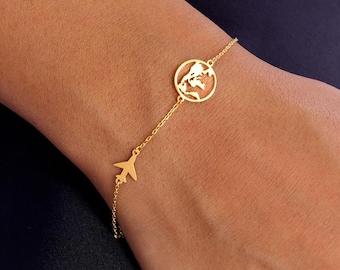 Earth and Plane Bracelet, Traveller Earth Map Bracelet, Travel Bracelet, Captain Gift Traveler Jewelry, Earth Bracelet, Christmas Gift