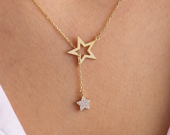 Star Lariat necklace, Gold Star Lariat, Dainty Gold Lariat Necklace, Dangling Sterling Silver Necklace, Star Necklace, Mother's Day Gift