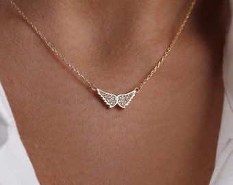 Minimalist Angel Wing Necklace, Diamond Angel Wing Necklace, Tiny Angel Wing Necklace, Mother's Day Gift, Gift for Daughter, Winged Jewelry