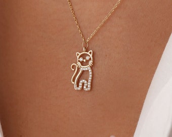 Diamond Cat Necklace, Minimalist Cat Necklace, Elegant Cat Jewelry, Birthday Gift, Cat Necklace for Kids, Gift for Her, Cute Cat Necklace