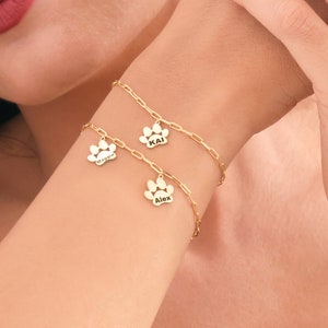 Personalized Multi Name Paw Bracelet with Paperclip Chain,Pet Loss Gifts,Paw Print Name Bracelet, Personalized Tiny Dog Paw Bracelet
