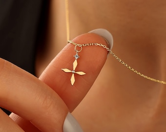 Tiny Cross Necklace, Baptism Gift, Silver Tiny Cross Necklace, Diamond Cross Necklace, Mother's Day Gift, Communion Gift, Religious Jewelry