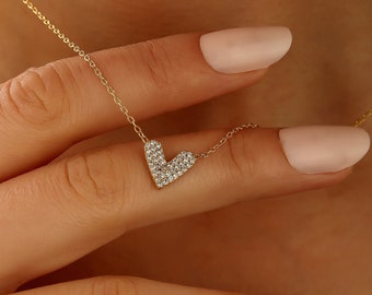 Diamond Heart Necklace, Special Pave Heart Necklace for Lovers, Design Heart Necklace from Elaminimalist,Valentine's Day Gift, Heart Jewelry