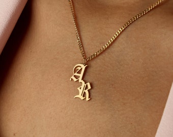 Thick Chain Gothic Necklace, Gothic Initial Necklace, Bottom Top Necklace,  Personalized Necklace, Mother's Day Gift, Gift for Mom