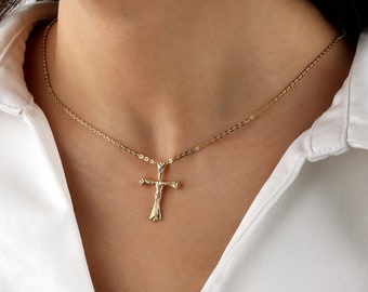 Gold Cross Necklace, Crucifix Pendant Necklace, 18K Gold Plated Jesus Necklace, Christian Religious Jewelry, Baptism Gift for Her