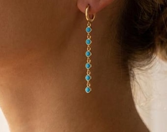 Dainty Turquoise Drop Earrings, Gold Hoop Earrings, Long Dangle Earrings for Women, Bohemian Summer Jewelry, Birthday Gift for Women