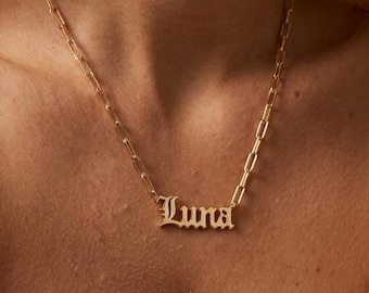 Old English Name Necklace,Gothic Name Necklace,Custom Gold Name Necklace,Personalized Necklace,Dainty Paperclip Chain Necklace,Gift for Her