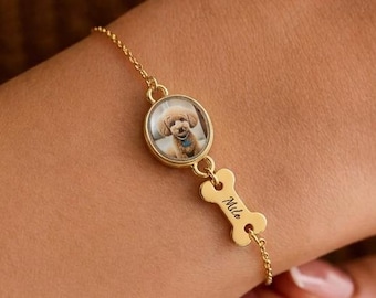 Personalized Pet Photo Bracelet, Custom Dog Name Bracelet, Pet Memorial Jewelry, Dog Bone Charm Bracelet, Pet Loss Gift for Dog Mom