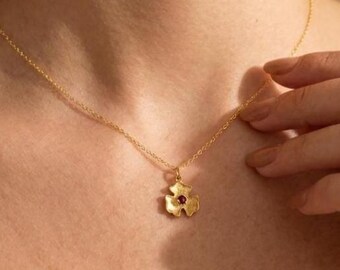 Custom Birthstone and Flower Necklace,Personalized Floral Pendant,Dainty Gold Necklace for Women,Birth Month Jewelry,Birthday Gift for Her