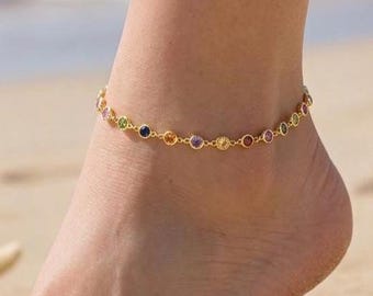 Colorful Stone Anklet, Gold Dainty Anklet, Bezel Gemstone Anklet, Minimalist Anklet Bracelet, Summer Beach Jewelry, Gift for Her