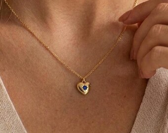 Birthstone Heart Necklace, Personalized Birth Month Jewelry, Dainty Gold Heart Pendant, Gift for Mom, Birthday Gift for Her