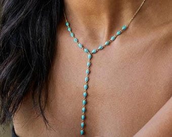 Turquoise Lariat Necklace, Cleavage Y Necklace, Dainty Turquoise Drop Necklace, Minimalist Layered Necklace, Boho Jewelry, Mother's Day Gift