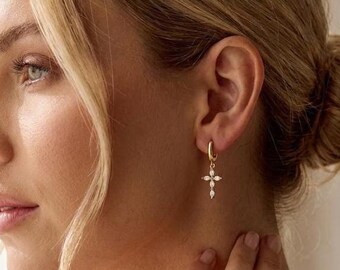 Diamond Cross Earrings, Gold CZ Huggie Hoop Earrings, Marquise Crystal Drop Earrings, Dainty Dangling Cross Earrings, Baptism Gift