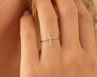 Dainty Diamond Cross Ring, Gold Cross Ring, Minimalist Christian Ring, Pavé Cross Ring, Communion Cross Ring, Baptism Gift, Gift for Women
