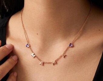 Personalized Birthstone Initial Necklace, Custom Letter Necklace for Mom, Heart Birthstone Family Necklace, Mama Necklace, Gift for Mother