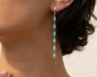 Turquoise Drop Earrings, Gold Turquoise Hoop Earrings, Dainty Teardrop Earrings, Minimalist Dangle Earrings, Boho Jewelry, Gift for Her