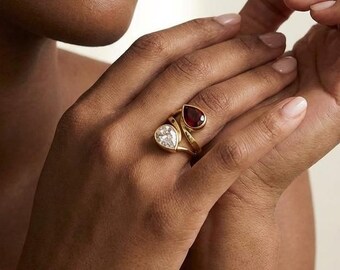 Gold Teardrop Gemstone Ring, Double Drop Ring, Minimalist Gold Ring, Dainty Statement Ring, Vintage  Stackable Ring, Mother's Day Gift