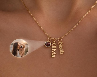 Memorial Projection Necklace, Personalized Pet Photo Necklace, Personalized Vertical Name Necklace, Projection Pet Jewelry