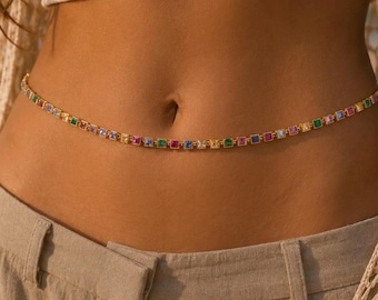 Colorful Crystal Waist Chain, Multicolor CZ Belly Chain, Gold Tennis Body Jewelry, Beach Bikini Accessory, Festival Jewelry Gift for Her