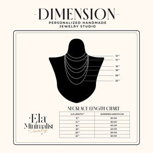 May include: A necklace length chart with a black silhouette of a person wearing necklaces of different lengths. The chart shows the necklace length in inches and centimeters. The chart is titled "Necklace Length Chart".