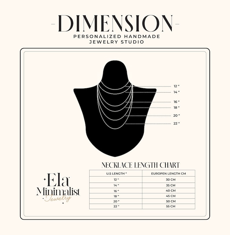 May include: A necklace length chart with a black silhouette of a person wearing necklaces of different lengths. The chart shows the necklace length in inches and centimeters. The chart is titled "Necklace Length Chart".
