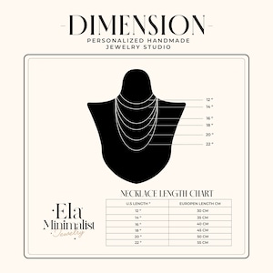 May include: A necklace length chart with a black silhouette of a person wearing necklaces of different lengths. The chart shows the necklace length in inches and centimeters. The chart is titled "Necklace Length Chart".