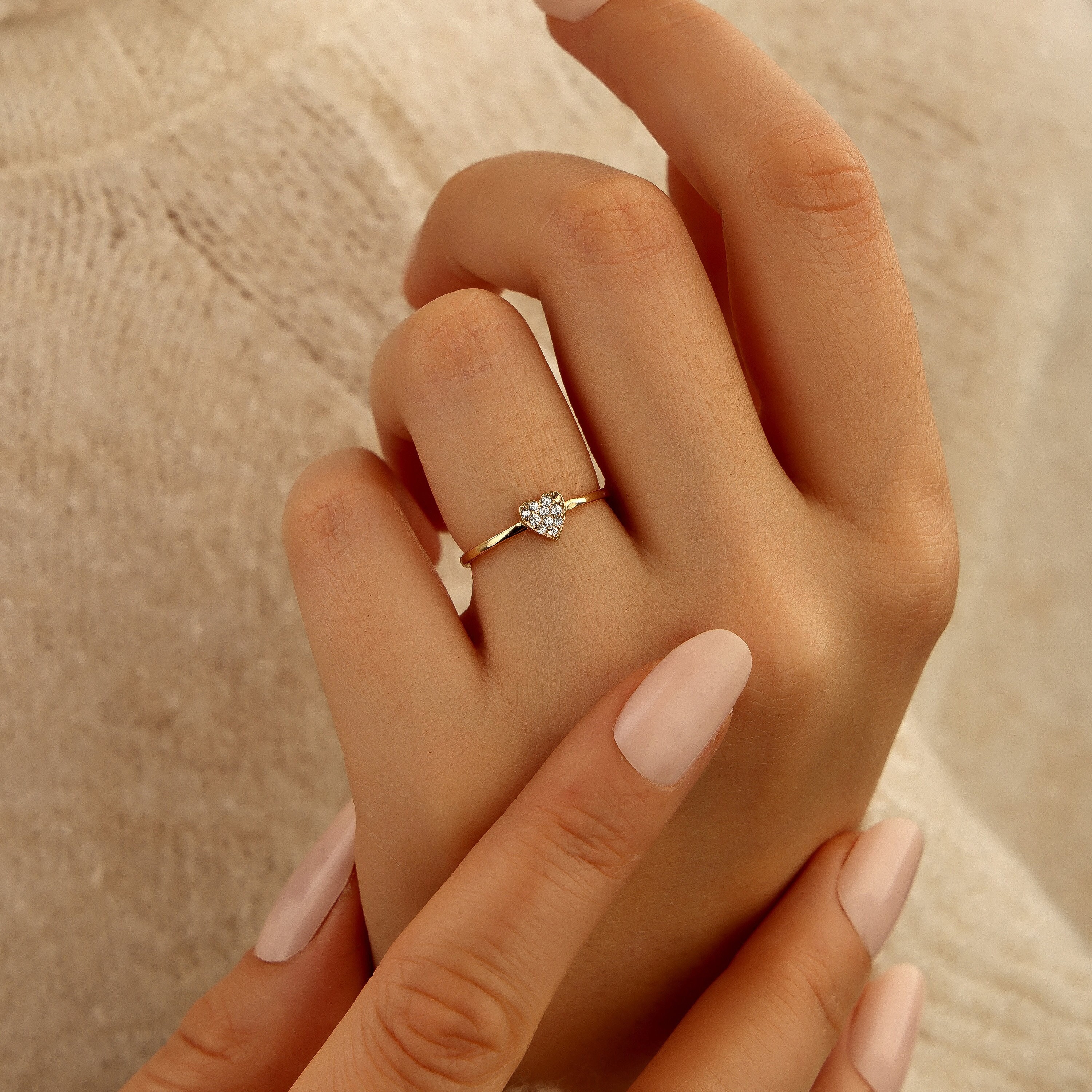 Diamond Heart Ring, Gift for Lover, Gold Pave Heart Ring, Heart Ring for Anniversary, 925 Sterling Heart Jewelry,Stackable Heart Ring