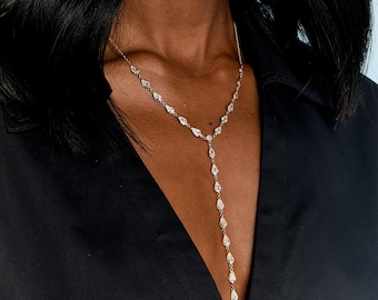 Sterling Silver Lariat Necklace, Cleavage Necklace, Dainty Layering Y Necklace, Bridal Jewelry, Multi Stone Necklace, Bohemian Jewelry