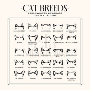 May include: A black and white graphic illustration of 50 different cat breeds. Each breed is represented by a simple line drawing of a cat's head with its ears and whiskers. The breeds are numbered and labeled with their names.