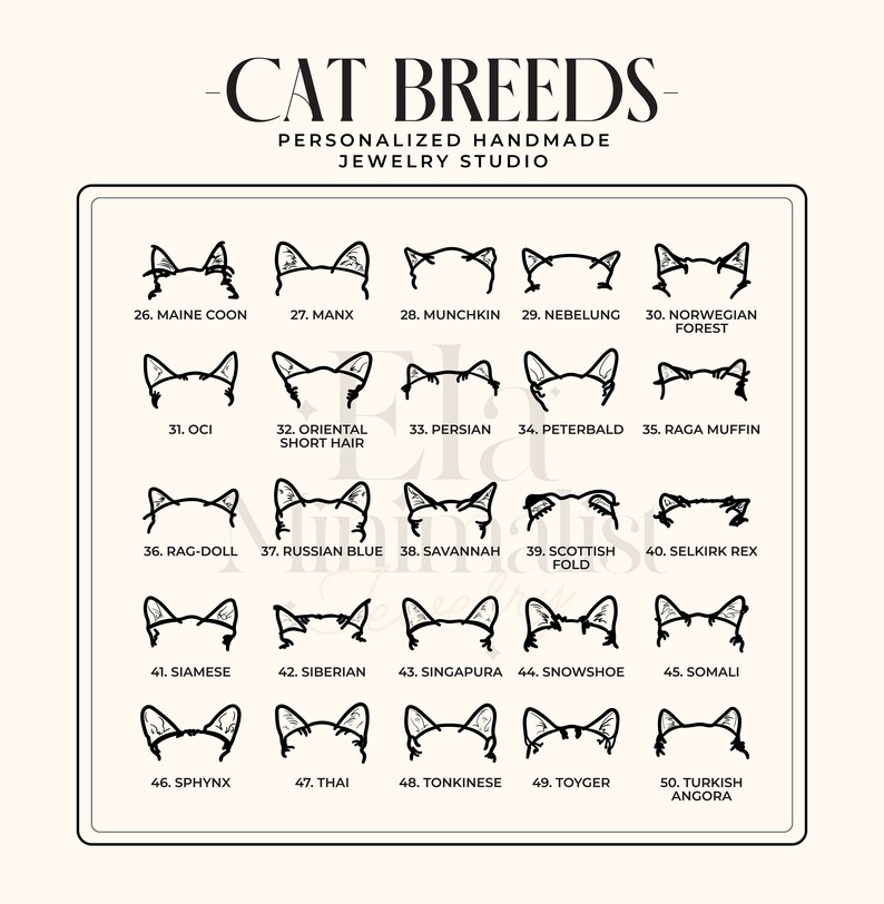 May include: A black and white graphic illustration of 50 different cat breeds. Each breed is represented by a simple line drawing of a cat's head with its ears and whiskers. The breeds are numbered and labeled with their names.
