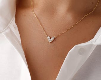 18k Gold Cz Pave Heart Necklace, Pave Zircon Stone Love Pendant, Necklace for Women, Gift for Girl, Sterling Silver