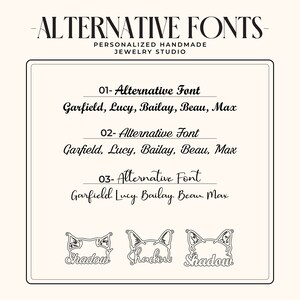 May include: A black and white image showing three different font styles for personalized jewelry. The text reads "01- Alternative Font Garfield, Lucy, Bailay, Beau, Max", "02- Alternative Font Garfield, Lucy, Bailay, Beau, Max", and "03- Alternative Font Garfield Lucy Bailay Beau, Max". Below the text are three stylized images of a cat's head with the word "Shadow" written underneath each image.