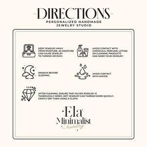 May include: Black and white illustration of jewelry care instructions. The instructions include keeping jewelry away from moisture, removing jewelry before sleeping, avoiding contact with water, and avoiding contact with chemicals, perfume, lotion, or cleaning products. The text also includes the phrase "Ela Minimalist Jewelry".