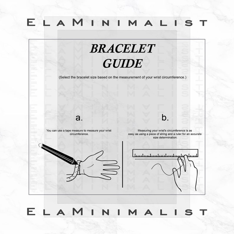 May include: A guide for measuring wrist size for bracelets. The guide shows two methods: using a tape measure and using a piece of string and a ruler.