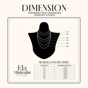 May include: A necklace length chart with a black silhouette of a person wearing necklaces of different lengths. The chart shows the necklace length in inches and centimeters. The chart is titled "Necklace Length Chart".