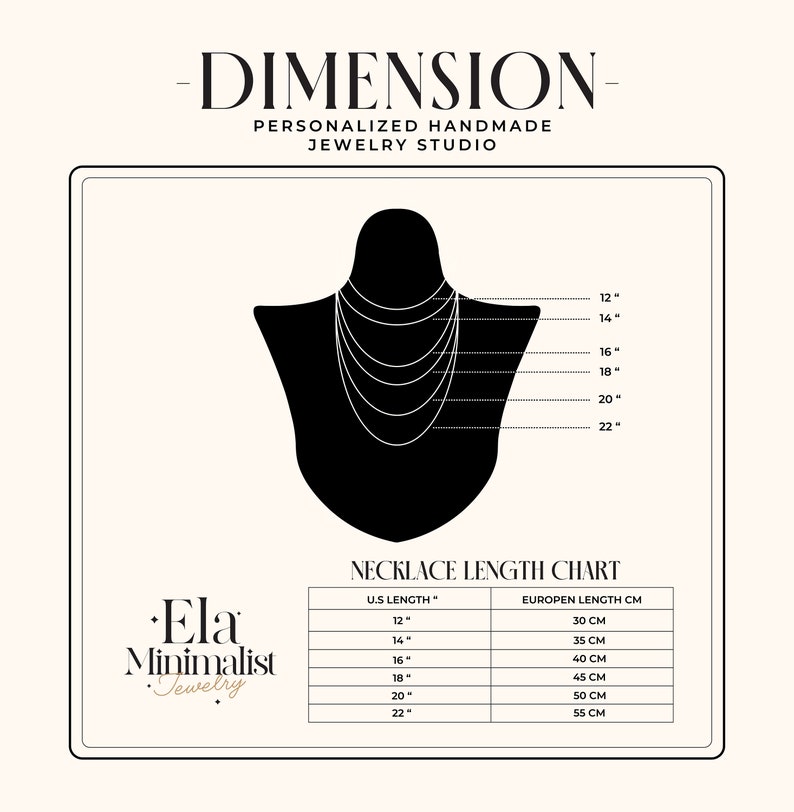 May include: A necklace length chart with a black silhouette of a person wearing necklaces of different lengths. The chart shows the necklace length in inches and centimeters. The chart is titled "Necklace Length Chart".