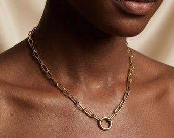Gold Paperclip Chain Necklace, Thick Chain for Men, Round Pendant, Minimalist Gold Chain, Buckle Necklace, Showy Necklace, Birthday Gift
