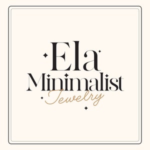May include: A logo for a jewelry company called "Ela Minimalist Jewelry". The logo is in black and white with a gold cursive font for the word "Jewelry".