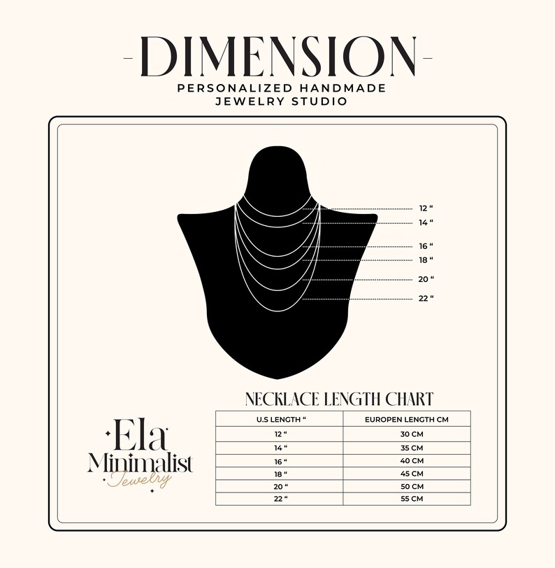 May include: A necklace length chart with a black silhouette of a person wearing necklaces of different lengths. The chart shows the necklace length in inches and centimeters. The chart is titled "Necklace Length Chart".
