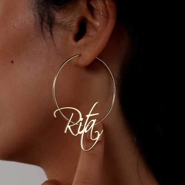 Elegant Pro Font Earring, Pro Font Name Earring, Round Name Earring, Cursive Name Hoop Earring, Handweitten Name Earring