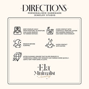 May include: Black and white illustration of jewelry care instructions. The instructions include keeping jewelry away from moisture, removing jewelry before sleeping, avoiding contact with water, and avoiding contact with chemicals, perfume, lotion, or cleaning products. The text also includes the phrase "Ela Minimalist Jewelry".
