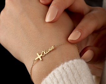 Personalized Cross Name Bracelet, Cross Name Bracelet, Custom Bracelet, Mother&#39;s Day Gift, Baptism Gift, Christian Jewelry, Cross Bracelet