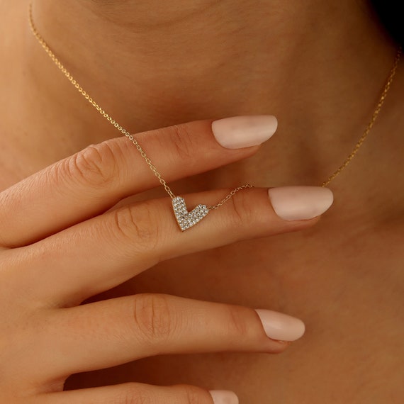 Diamond Heart Necklace, Special Pave Heart Necklace for Lovers, Design Heart Necklace from Elaminimalist,Valentine's Day Gift, Heart Jewelry