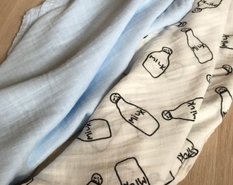 Cute Gift, Baby Boy Muslin Swaddle Gift Set, Milk bottle swaddle, Bamboo muslin swaddle, baby blanket, stroller blanket, newborn swaddle