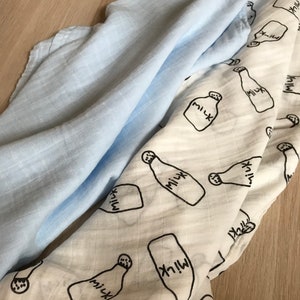 Cute Gift, Baby Boy Muslin Swaddle Gift Set, Milk bottle swaddle, Bamboo muslin swaddle, baby blanket, stroller blanket, newborn swaddle