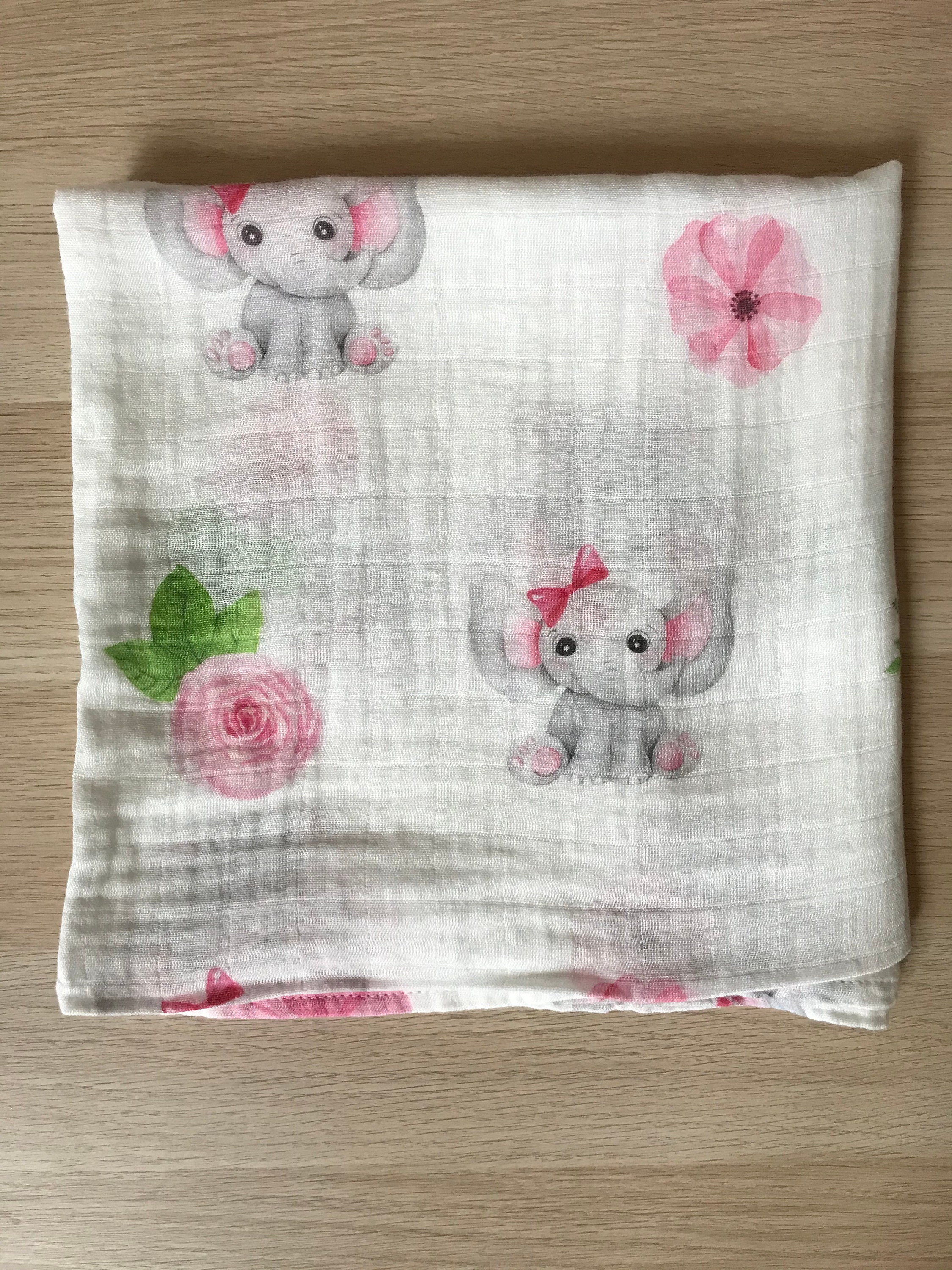 Grey Little Elephant Organic Bamboo Muslin Baby Swaddle Blanket with grey beanie hat