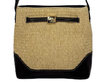 Etienne Aigner Vintage 80s Woven Straw Handbag Faux Leather Trim Purse